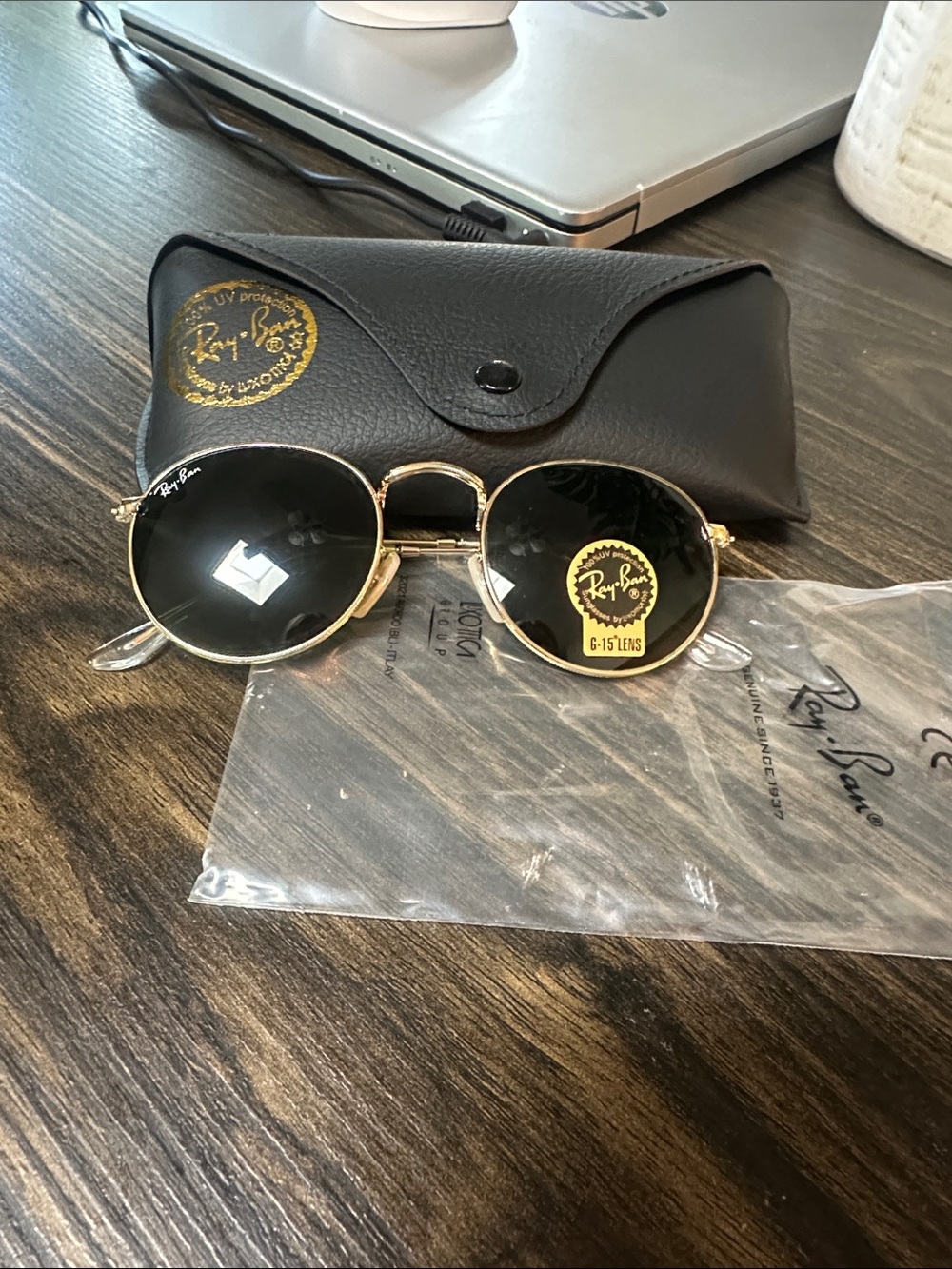 Ray-Ban Gold Frame Sunglasses with Black Lenses RB 3447